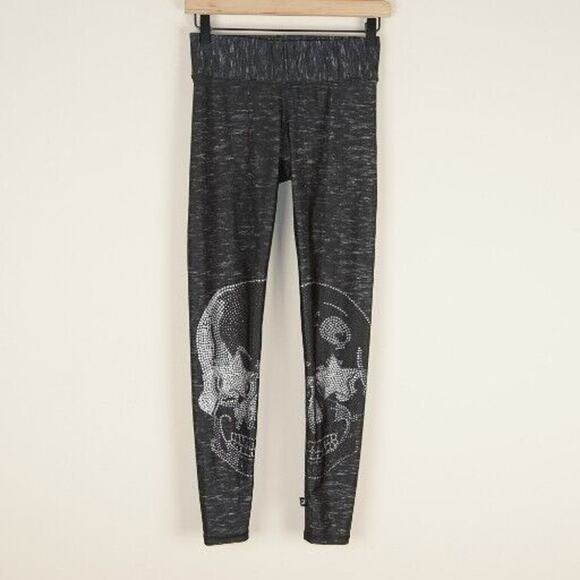 Terez Hi Shine Crystal Print Skull Black Leggings Womens Sz S - Picture 1 of 8